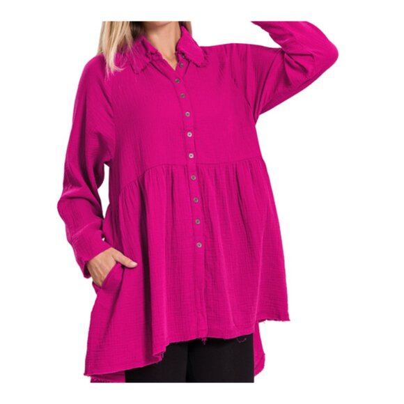 NWT ZENANA DOUBLE GAUZE RAW EDGE SHIRT WITH POCKETS - Picture 1 of 1